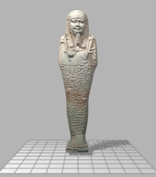 Shabtis such as this are stored in drawers in custom-made holders and protective cases. if you rotate the object you can see the complicated shape that has to be incorporated into the case design.