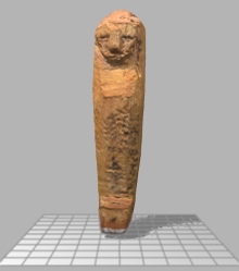 The nose, eyes and mouth are easily visible, and can best be seen by rotating the shabti from its front to the side. The shape of the arms, tightly bound against the body within the mummy wrappings, are also visible.