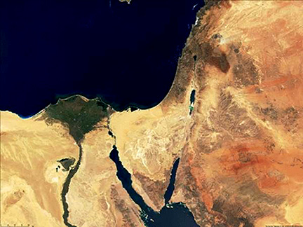 MODIS wide field view of Egypt, Israel, Jordan, and parts of Syria, Iraq, and Saudi Arabia.