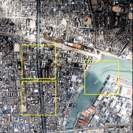 Four meter resolution image of part of Kobe, Japan taken in 1999 by the Indian Remote Sensing Satellite; the yellow squares represent areas of the scene that can be enlarged when this image is accessed directly on the IRS Web Site.