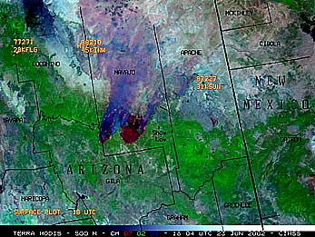 MODIS image of northeast Arizona showing the wildfires around Show Low, AZ.
