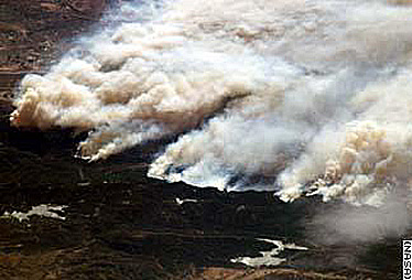 The October 2003 San Bernadino fire front in the forested mountains near Lake Arrowhead, as beheld by the ISS astronauts.