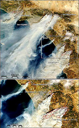 California wildfires in the Simi Valley, San Bernadino, and San Diego areas, in October 2003, as imaged by Terra's MODIS sensor.