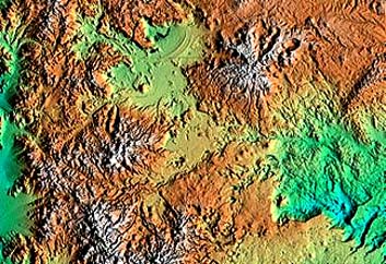 SRTM C-band image of a mountainous region in Patagonia, South America; colors represent altitude intervals. 
