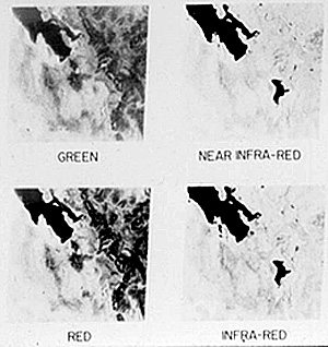 The first ERTS-1 multiband images of the Salt Lake City area of Utah; the individual bands are: Upper Left - MSS Band 4 (green); Lower Left - Band 5 (red); Upper Right - Band 6 (Near IR); Lower Right - Band 7 - IR.