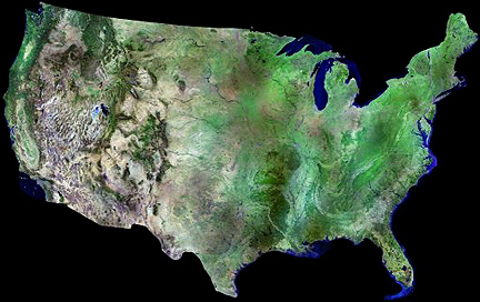 The continental United States in natural color, constructed as a mosaic from AVHRR imagery.