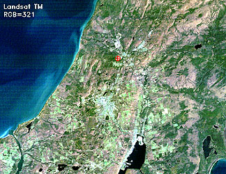 Band 3,2,1 = R, G, B color composite of the Keweenaw subscene imaged by TM; the large town is Calumet.