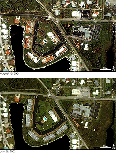 Ground damage in an upscale neighborhood in West Florida imaged by IKONOS just a day after passage of Hurricane Charley.