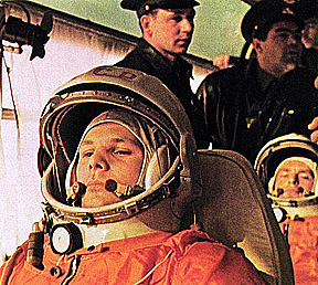 Yuri Gargarin suited up for his historic flight; second cosmonaut was his back-up.