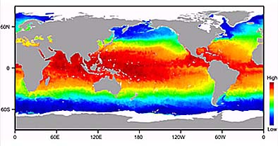 Sea surface temperatures in early June, 2000 determined by the AMSR-E (Advanced Microwave Scanning Radiometer) on Aqua.