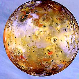 Galileo image of Jupiter's volcanic moon Io; this has been superposed on a blue background (not the real color of outer space) to afford a nice contrast.