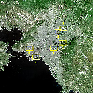 SPOT-5 overview of Athens; numbered rectangles enclose the locations of different sport venues.