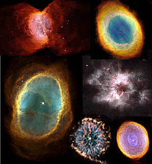 Montage of images taken through the Hubble Space Telescope of various planetary nebulae.