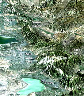 Perspective view of the Salt Lake City area and the main Olympic sports sites.