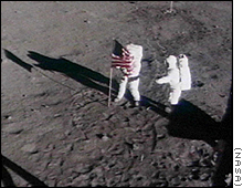 Neil Armstrong and Edwin (Buzz) Adrin on the surface of the Moon at the Apollo 11 site.