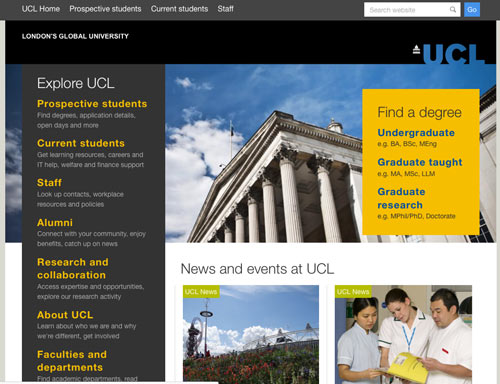 Screenshot of UCL homepage