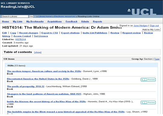 Screenshot of UCL Reading Lists service