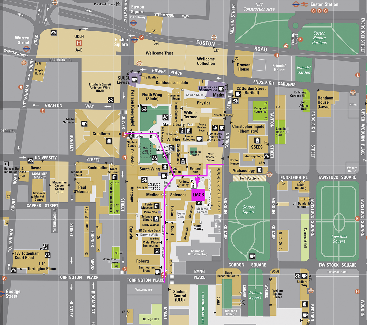 Map of UCL Bloomsbury Campus with directions to UCL