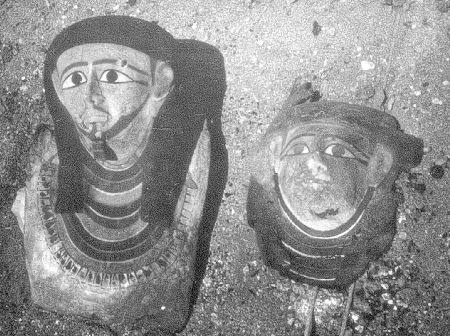 Sedment, two mummy masks, First Intermediate Period; unpublished excavation photograph
