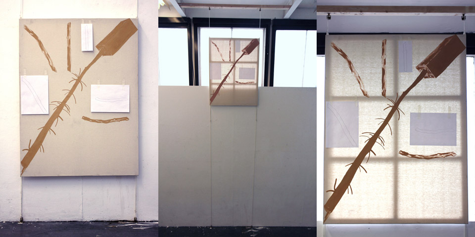 <p>Illuminated Elevated Painting, 2012, mixed media installation- watercolour on canvas, rope, pulleys, wood, painting - 125 x 85 cm, support structure - 450 cm</p>