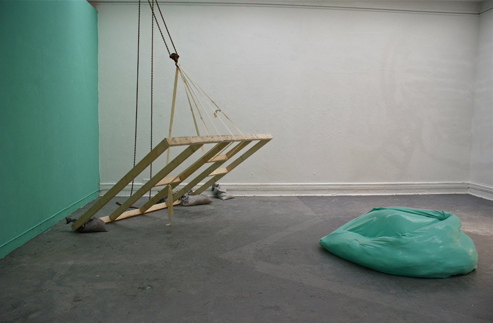 <p>Colour Complement to Haemoglobin, 2013, timber, block and tackle, rubber, painted sandbags, emulsion paint, latex, plaster, wadding, dimensions variable</p>