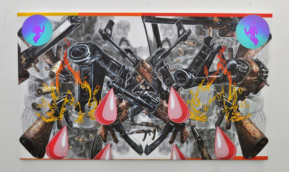 <p>Powerful Peckham Po-Mo Phallocentric Plebeian Dubstep Painting With Anthropomorphic Sadface Composition, 2013,  inkjet print, 8 large format vinyl adhesives, oil on canvas, 240 x 140 cm</p>