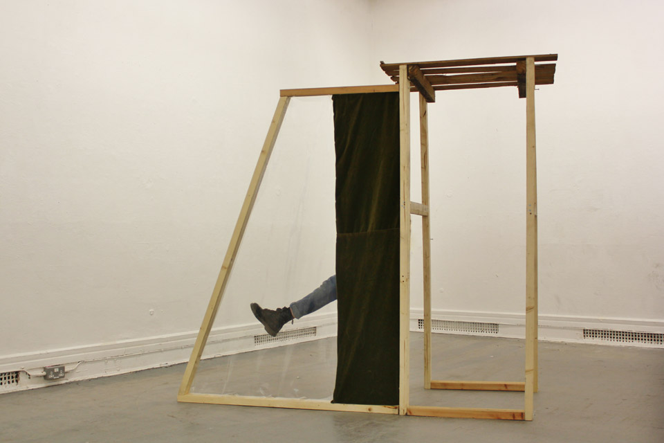 <p>Formation is the vanishing of being into nothing and the vanishing of nothing into being, 2013, wood, cotton velvet, PVC, performer, 210 x 215 x 80 cm</p>