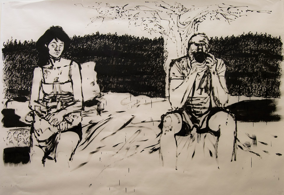 <p>Artist and Muse (Big Drawing), 2012, household gloss on paper, 210 x 266 cm</p>