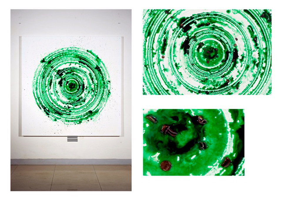 <p>Chaos, Cosmos and Circulation 10 , 2012, coins, epoxy, pigment on linen, 160 x 160 cm<br />
The vast expanse of the solar system and the micro world of atoms have something in common; both worlds rotate around the same axis. However, this link does not mean that there can be no change- since all things in the universe are to a degree always active. Furthermore, whether great or small, they are in no way moving at their own whim but in balance and reaction to one another.</p>