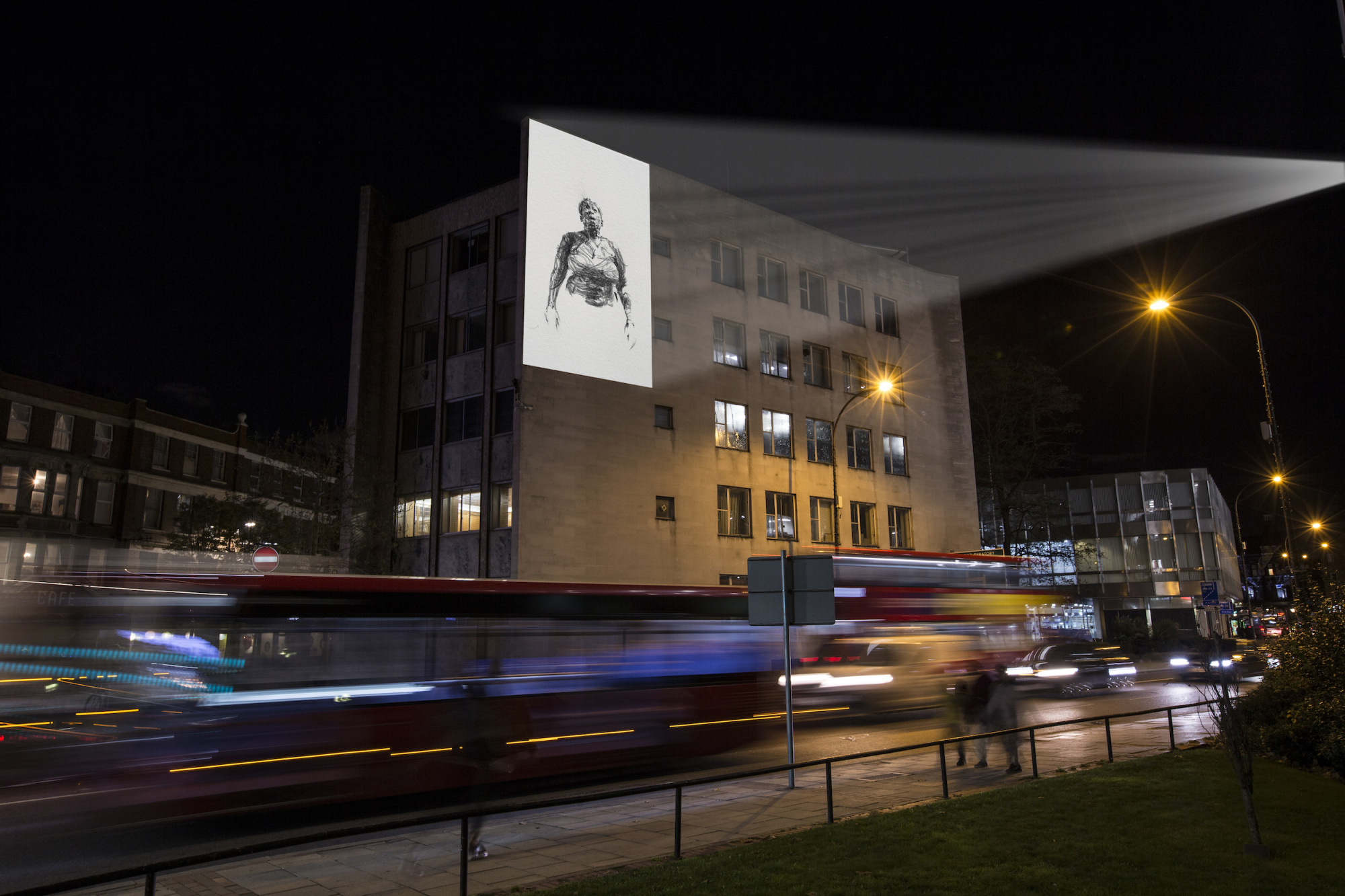 Dryden Goodwin, Breathe: 2022, artist's impression of final projection on Catford Old Town Hall, London