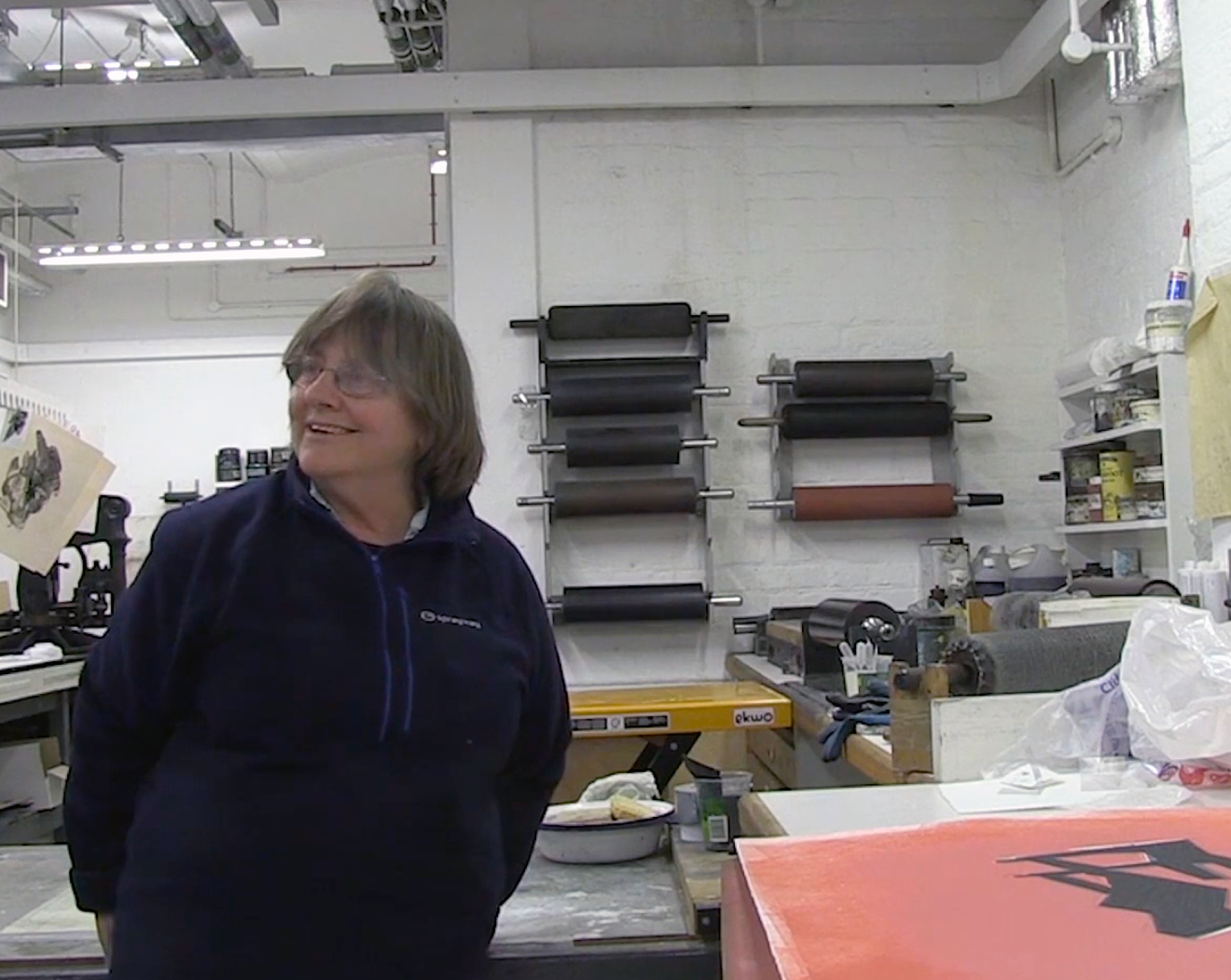 Phyllida Barlow, with Dog Door print (2013), film still, Slade Print Studio, 2013