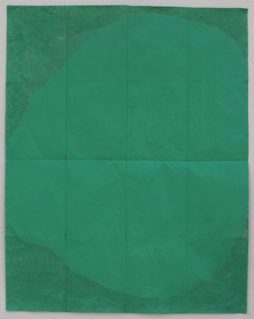 Sophie Bouvier Ausländer, Avalanche, 2016, gouache on waxed map, 100.5 x 79 cm