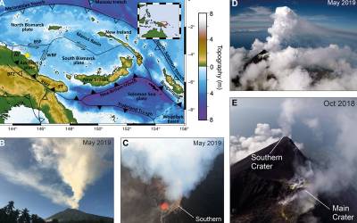 Photos of volcano at stages of eruption