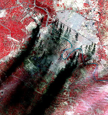 ASTER image of Baghdad showing many oil fires and smoke also from bombardment.