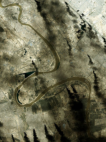 Results of bombardment of central Baghdad on April 1, 2003 as imaged by IKONOS-2.