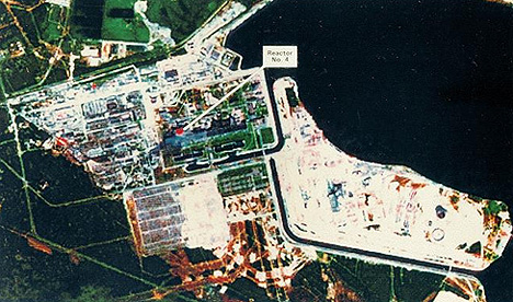 The Chernobyl nuclear plant in the Ukraine, imaged by SPOT in October, 1986, after the devasting explosion on April 26th released extensive radiation for distances exceeding 100 km.