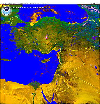 NOAA-17 image (true color from Channels 1, 2, and 3) of the eastern Mediterranean; note that Turkey is largely vegetated in contrast to the drier, semi-arid lands to the south.