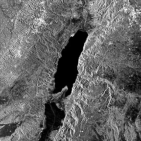 Radarsat image of the Dead Sea; Israel on the left; Jordan on the right.