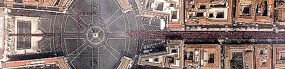 Quickbird-2 image of the Vatican during the time of viewing of the body of Pope John Paul II; the second building from bottom right is a former Cardinal's palace, now converted to a plush hotel, where the writer stayed during his Rome visit of 1960.