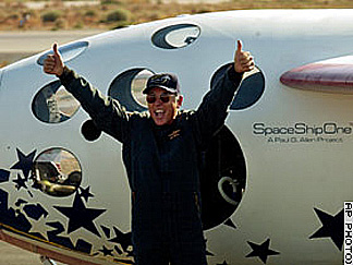 Astronaut-test pilot Mike Melvill, giving thumbs-up after leaving SpaceShipOne.