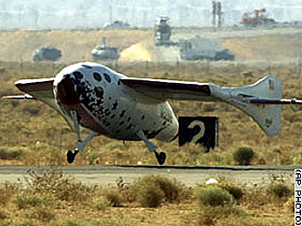 SpaceShipOne as it lands after its successful first penetration into outer space.
