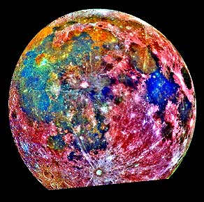 Galileo false color rendition of variations in the Moon's reflectance measured at different wavelengths.