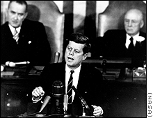 President Kennedy addressing Congress about NASA's charge to reach the Monn before 1970.