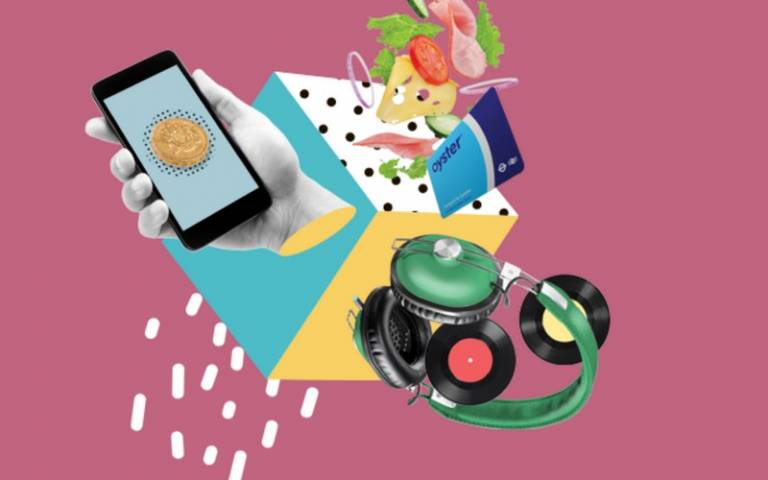 Collage of a hand holding a smartphone, a salad, oyster card, green headphones and vinyl records