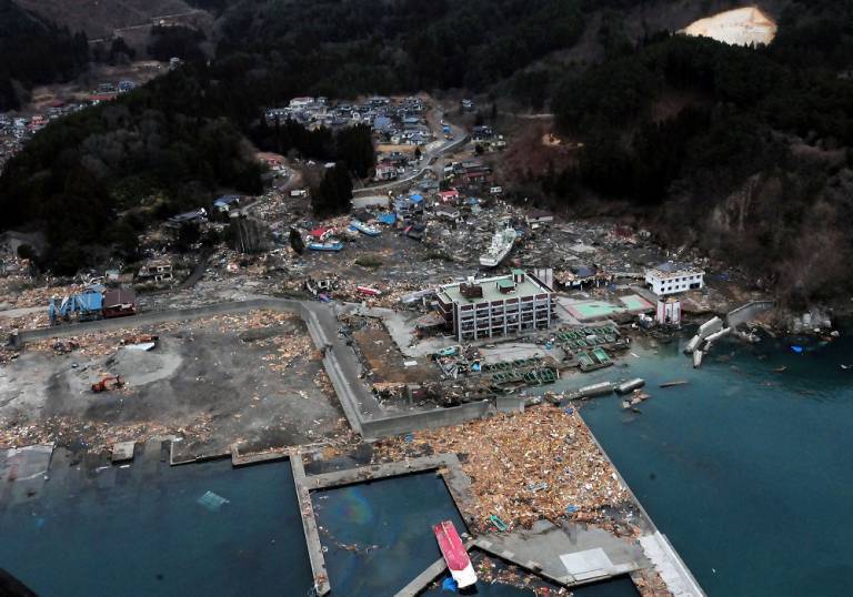 US Navy 110315-N-5503T-307 An aerial view of damage to Otsuchi, Japan, after a 9.0 magnitude earthquake and subsequent tsunami devastated the area in northern Japan