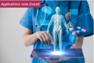  Image of electronic portal device with skeleton and other health related items beaming out from screen