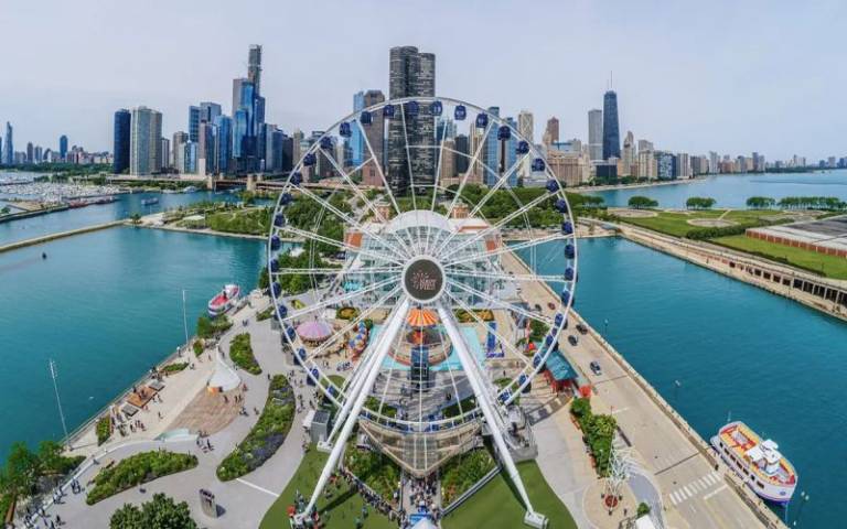 Photo of Navy Pier with Chicago skyline in the background