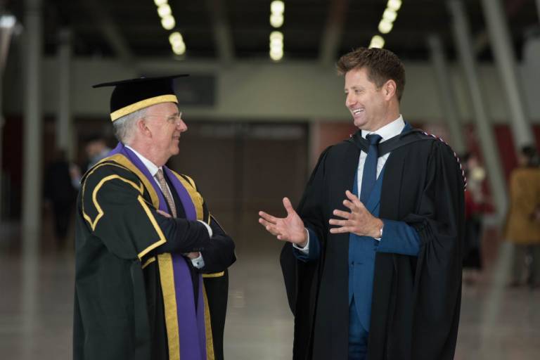 Architect, TV presenter and campaigner for charities and housing organisations George Clarke (Architecture Grad Dip, 1999) with UCL Provost & President Dr Michael Spence