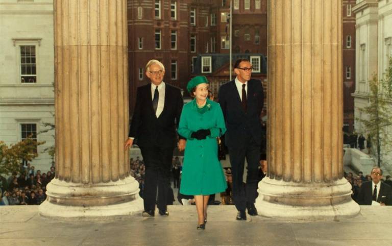 The Queen is pictured during a visit to UCL in 1985 to mark the official completion of the Main Quad.