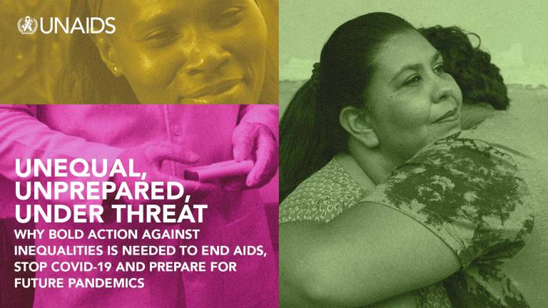 UNAIDS postcard to commemorate World AIDS Day 2021, showing two persons hugging, one person smiling with hope and a person wearing PPE and holding what appears to be a clinical sample. The image carries the text: 'Unequal, unprepared, under threat.' 